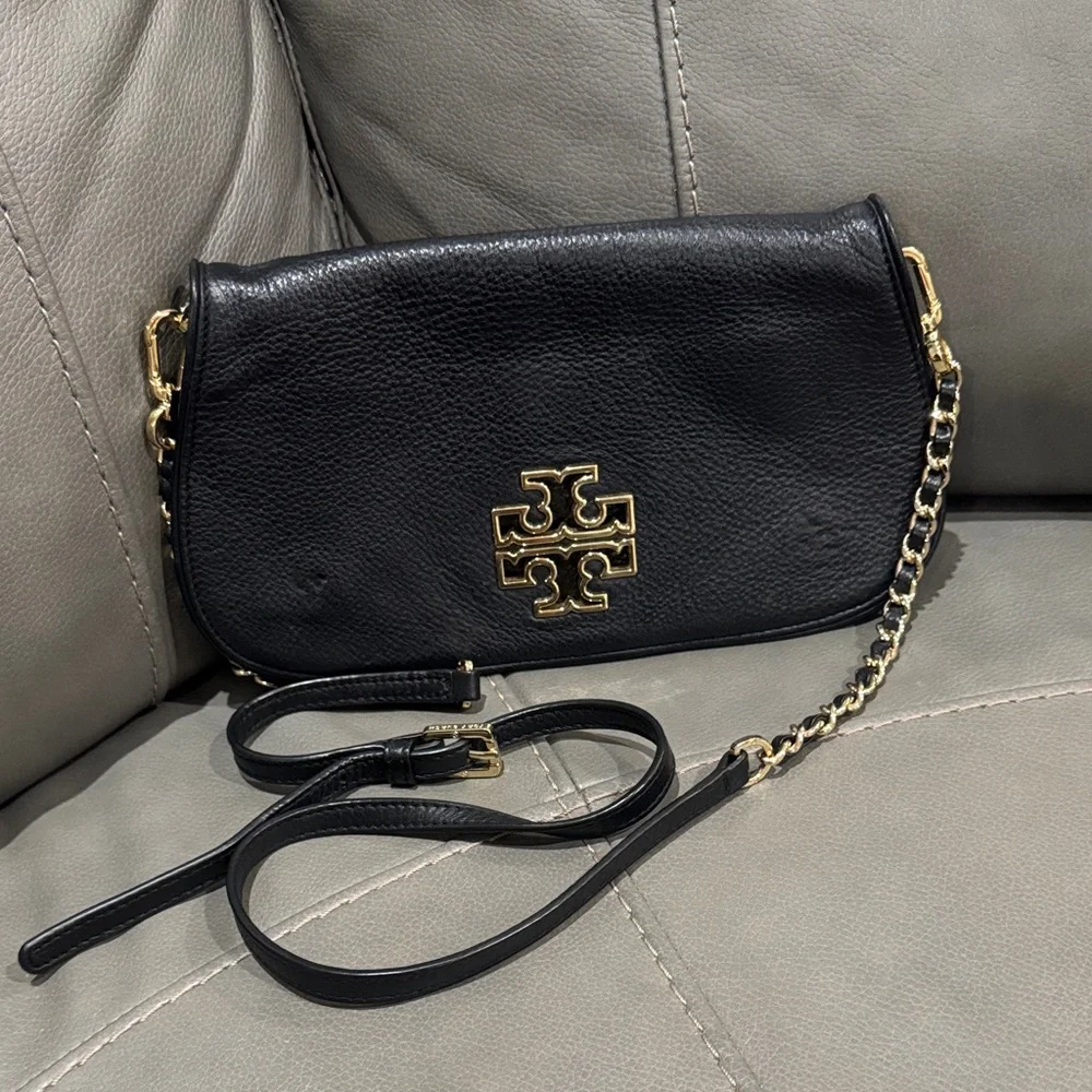 Tory Burch Black Leather Crossbody with Gold Logo & Chain